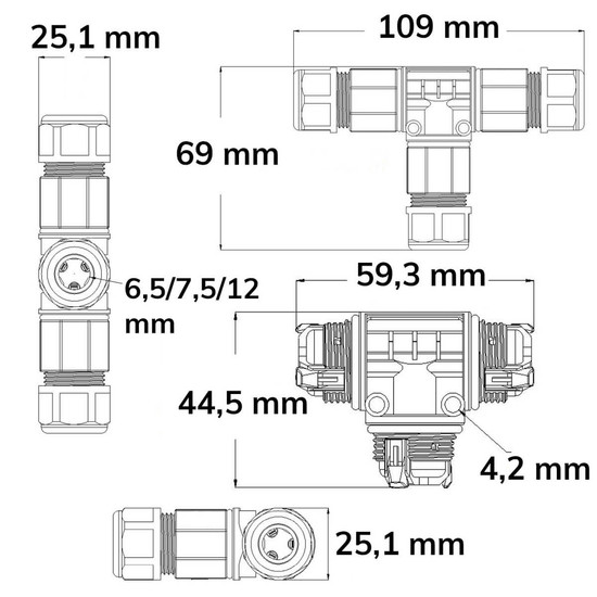 Isoled Kabel T-Verbinder IP67, 3-polig 0.75-2.5mm² mit Federklemme, max. 250V 16A, Manteldm. 6,5-11mm 116443