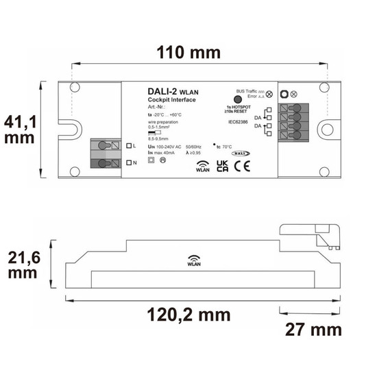 Isoled DALI-2 Interface WLAN zur DALI Bus Parametrierung mit Cockpit Windows-Software, 100-240V AC 116821