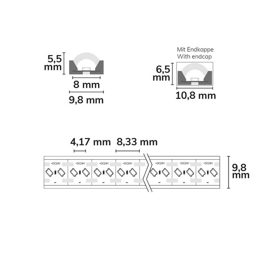 Isoled LED FC927 24V Flextube 10 W, IP66, 2700K, 5m Rolle, 240 LED/m, MiniAmp, MiniCut 117287