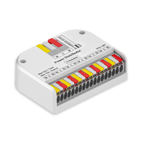 Isoled PowerSplitter 3-pol. x 6, 5-48V DC, 0.5mm² - 3mm² (6-10A) auf 0.25 1,5mm² (3-10A), weiß, max. 25A 117783