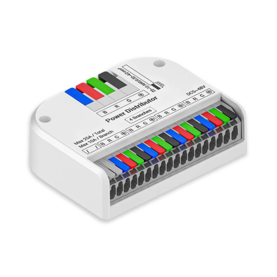 Isoled PowerSplitter 4-pol. x 4, 5-48V DC, 0.5mm² - 3mm² (6-10A) auf 0.25 1,5mm² (3-10A), weiß, max. 25A 117784