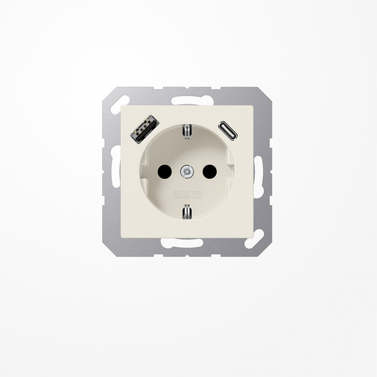 Jung A1520-15CA SCHUKO-Steckdose 16 A, mit USB-Ladegerät 1xTyp A + 1xTyp C, SAFETY+, Serie AS, weiß