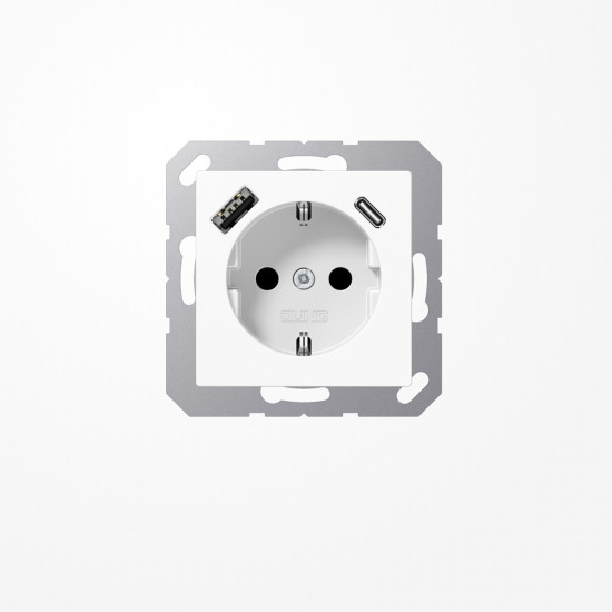 Jung A1520-15CAWW SCHUKO-Steckdose 16 A, mit USB-Ladegerät 1xTyp A + 1xTyp C, SAFETY+, Serie AS/A, alpinweiß