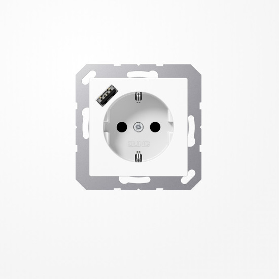 Jung A1520-18AWW SCHUKO-Steckdose 16 A, mit USB-Ladegerät 1xTyp A, SAFETY+, Serie AS/A, alpinweiß