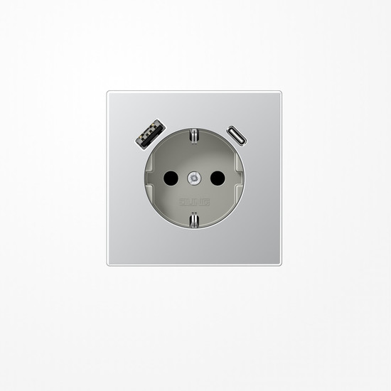 Jung AL1520-15CA SCHUKO-Steckdose 16 A 250 V ~, mit USB-Ladegerät 1xTyp A + 1xTyp C, SAFETY+, Serie LS, Aluminium