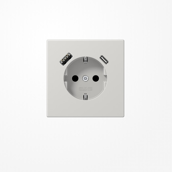 Jung LS1520-15CALG SCHUKO-Steckdose 16 A 250 V ~, mit USB-Ladegerät 1xTyp A + 1xTyp C, SAFETY+, Serie LS, lichtgrau