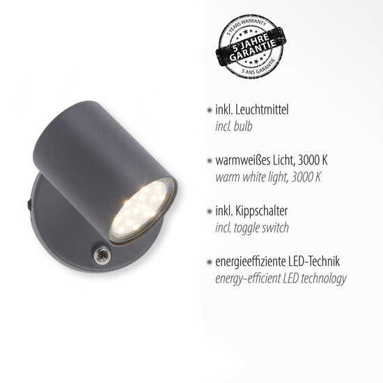 JUST LIGHT TARIK Wandleuchte GU10 Warmweiss max.4,5W anthrazit 11941-13