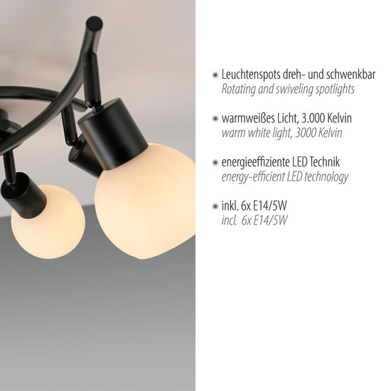 JUST LIGHT LOKI Deckenleuchte E14 Warmweiss max.30W 6-fach schwarz 12155-18