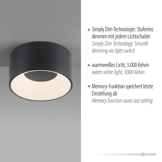 JUST LIGHT TANIKA LED Deckenleuchte Warmweiss Dimmbar 13W schwarz 14325-18