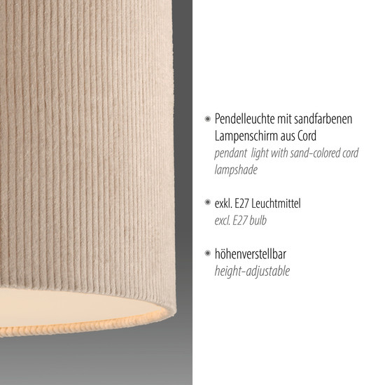 JUST LIGHT DURO Pendelleuchte E27 max. 10W sand 14892-39