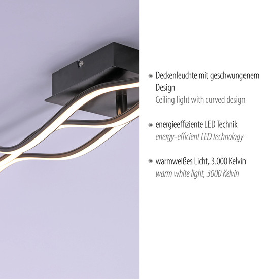JUST LIGHT WAVE LED Deckenleuchte Warmweiss 29,5W 3-fach schwarz 15167-18