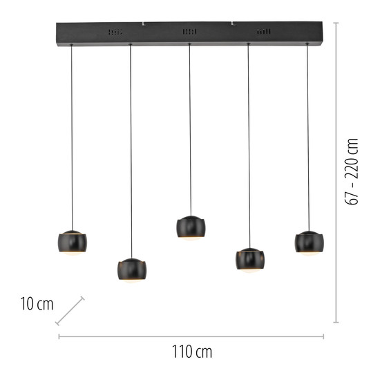 JUST LIGHT BALLINI LED Pendelleuchte Warmweiss Dimmbar 26W 5-fach schwarz 15262-18