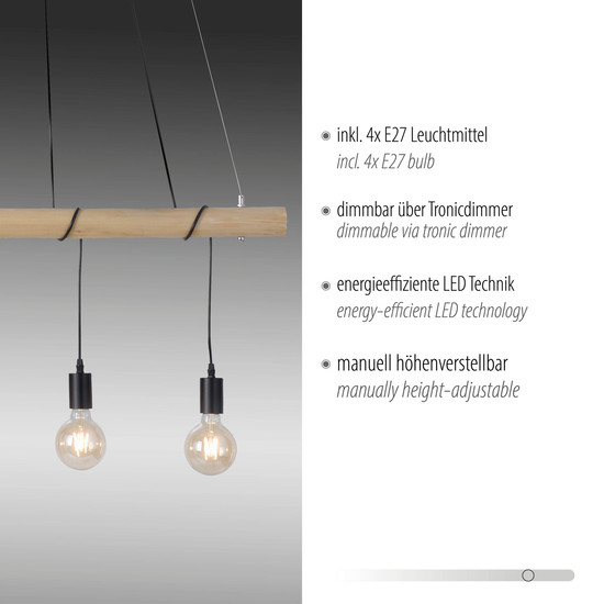 JUST LIGHT TERO Pendelleuchte E27 Warmweiss Dimmbar max.16W 4-fach schwarz 15505-18
