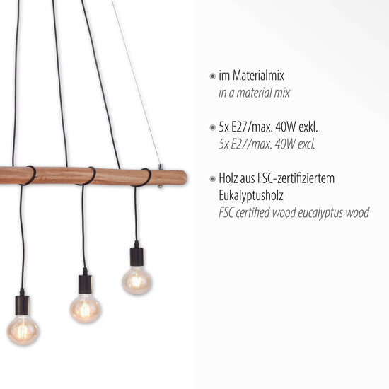 JUST LIGHT DAMIAN Pendelleuchte E27 max. 60W 5-fach schwarz 15515-18