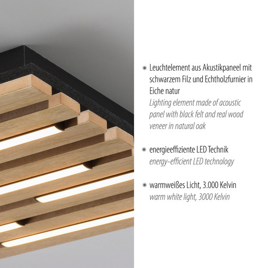 JUST LIGHT AKUSTIK LED Deckenleuchte Warmweiss 10W Holz-natur 15590-79