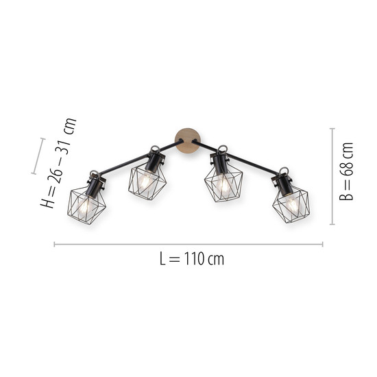 JUST LIGHT JARO Deckenleuchte E27 max. 60W 4-fach Holz-natur 15674-78
