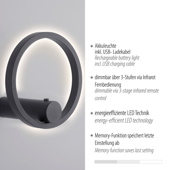 JUST LIGHT ARCHIE LED AKKU-Wandleuchte Warmweiss Dimmbar 6W anthrazit 18280-13