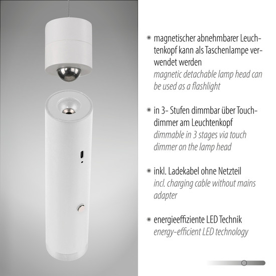JUST LIGHT ATTACH LED AKKU-Pendelleuchte Warmweiss Dimmbar 3W weiss 18281-16