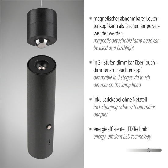 JUST LIGHT ATTACH LED AKKU-Pendelleuchte Warmweiss Dimmbar 3W schwarz 18281-18