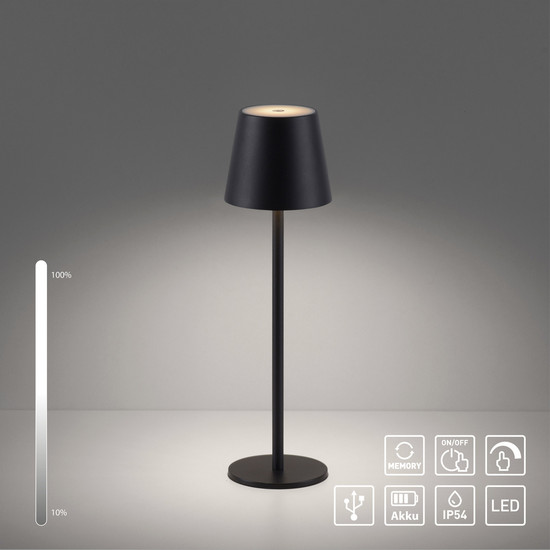 JUST LIGHT EURIA LED AKKU-Tischleuchte Warmweiss Dimmbar 2,5W schwarz IP54 19250-18