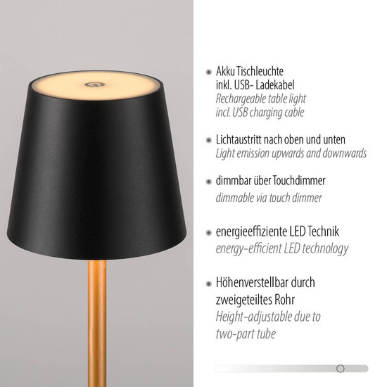 JUST LIGHT EURIA LED AKKU-Tischleuchte Warmweiss Dimmbar 2,5W schwarz/messing IP54 19250-68