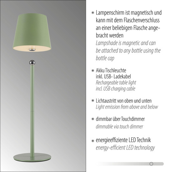 JUST LIGHT BOTERIA LED AKKU-Tischleuchte Warmweiss Dimmbar 2,5W grün IP54 19251-43