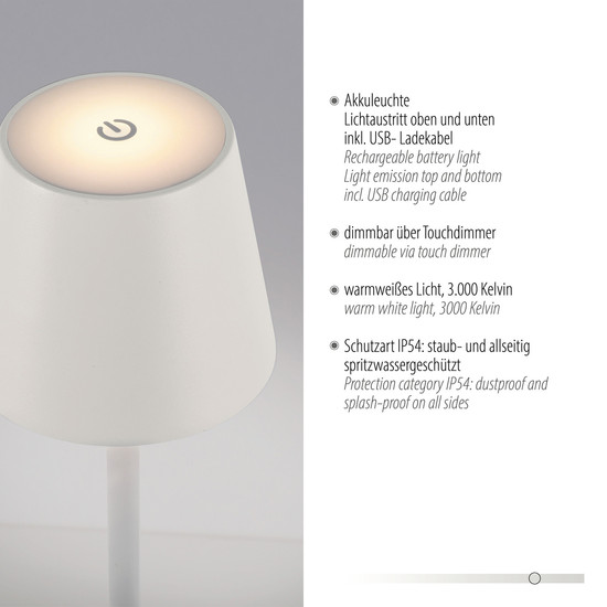 JUST LIGHT EURIA LED AKKU-Stehleuchte Warmweiss Dimmbar 2,5W weiss IP54 19252-16