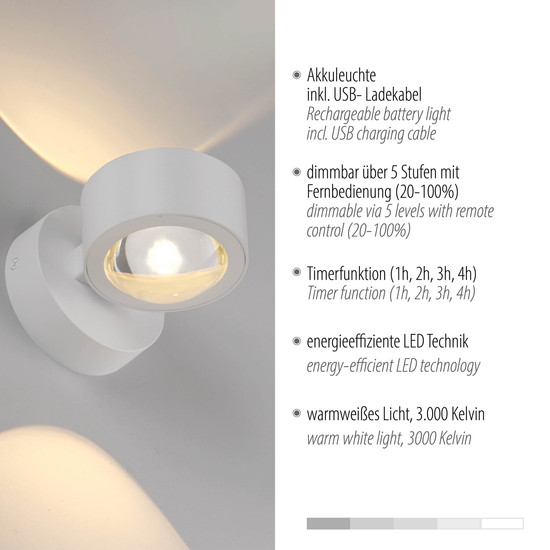 JUST LIGHT AKKU-CHIA LED AKKU-Wandleuchte Warmweiss Dimmbar 2W 2-fach weiss 19330-16