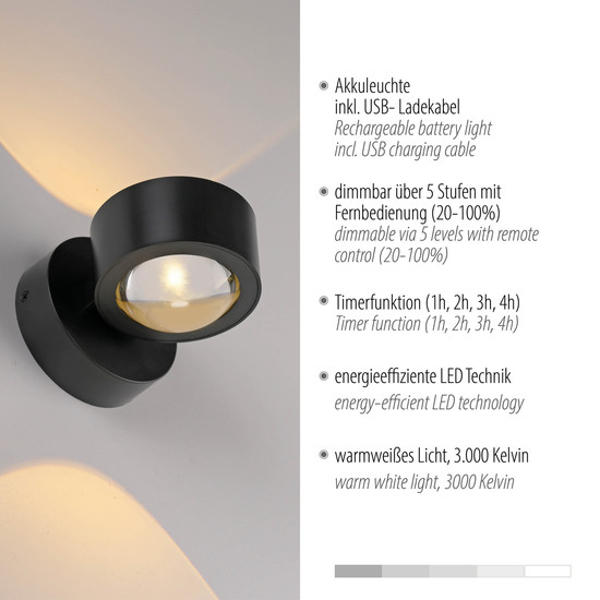 JUST LIGHT AKKU-CHIA LED AKKU-Wandleuchte Warmweiss Dimmbar 2W 2-fach schwarz 19330-18