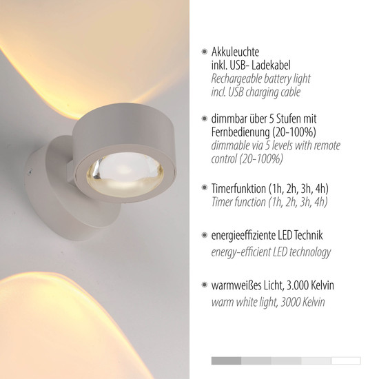 JUST LIGHT AKKU-CHIA LED AKKU-Wandleuchte Warmweiss Dimmbar 2W 2-fach Sandbrise 19330-39