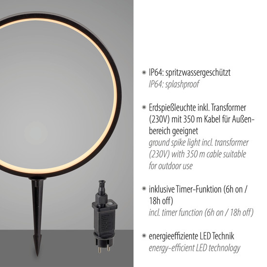 JUST LIGHT ZIRKULU LED Erdspießleuchte Warmweiss 2,2W schwarz IP65 19510-18