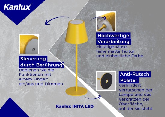 Kanlux 36324 INITA LED Akku Tischleuchte dimmbar Weiss IP54