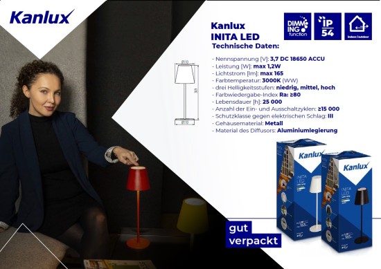 Kanlux 36324 INITA LED Akku Tischleuchte dimmbar Weiss IP54