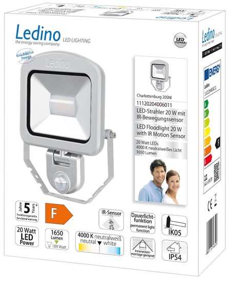 Ledino LED-Strahler mit Sensor Bewegungsmelder Charlottenburg 20SNI, 20W, 4000K, silber neutralweiss