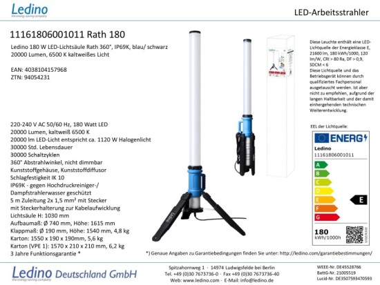 Ledino LED-Lichtsäule Rath 180W vertikale Arbeitsleuchte 1m 20000lm 360° IP69K tageslichtweiss