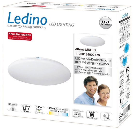 Ledino LED-Leuchte Altona MNHF3 mit Bewegungsmelder Decke, 18W, HF-Sensor, 4000K 34cm neutralweiss