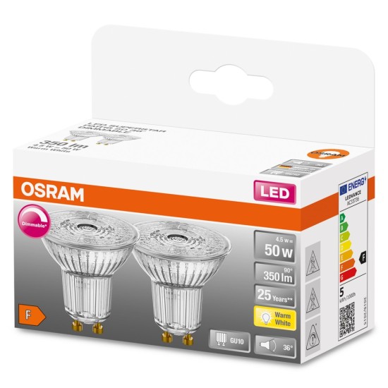 2er-Pack OSRAM LED Spot Strahler GU10 4,5W 350lm warmweiss 2700K 36° dimmbar 90Ra wie 50W
