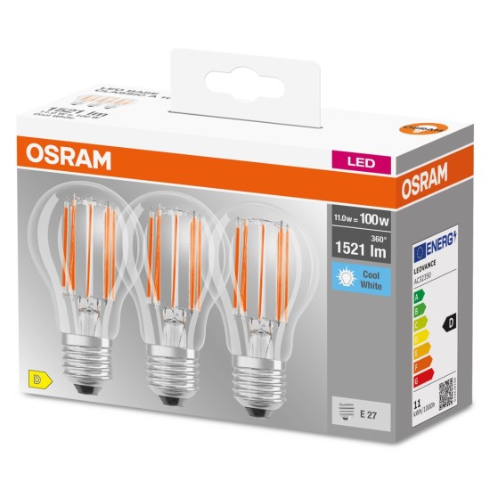 OSRAM LED Lampe BASE Classic 3er-Pack Filament E27 11W 1521Lm neutralweiss 4000K wie 100W