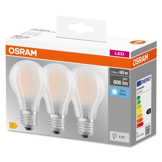OSRAM LED Lampe BASE Classic 3er-Pack Filament matt E27 6,5W 806Lm neutralweiss 4000K wie 60W