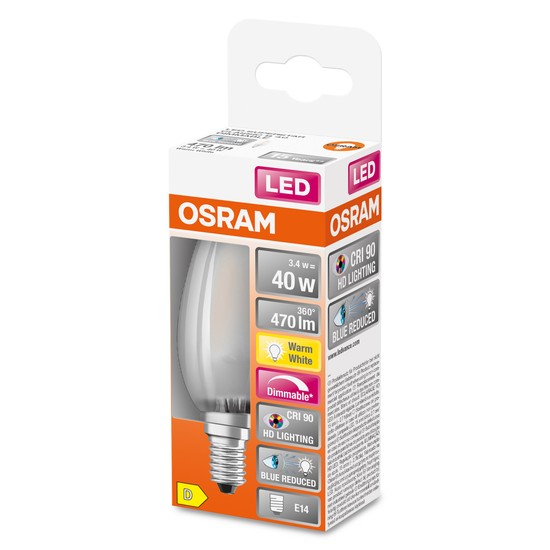 OSRAM LED Kerzenlampe Superstar Plus matt E14 Filament 3,4W 470lm warmweiss 2700K dimmbar 90Ra wie 40W