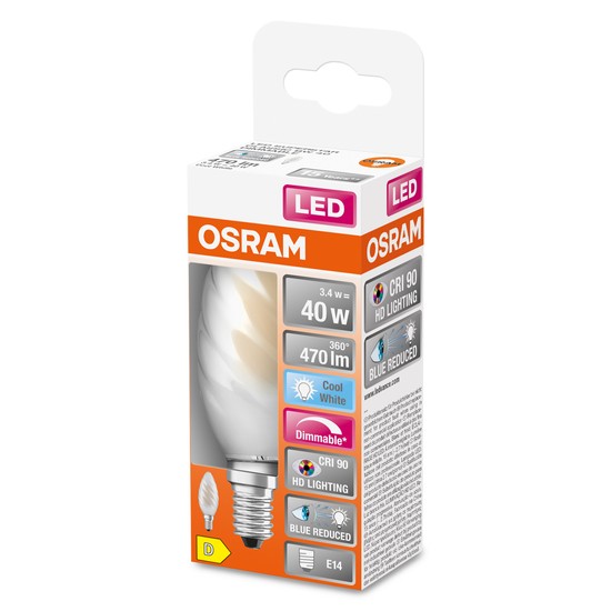 OSRAM LED Kerzenlampe Superstar Plus verdreht E14 Filament 3,4W 470lm neutralweiss 4000K dimmbar 90Ra wie 40W