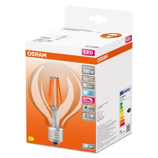 OSRAM LED Globe Lampe Superstar Plus G95 E27 Filament 11W 1521lm neutralweiss 4000K dimmbar 90Ra wie 100W