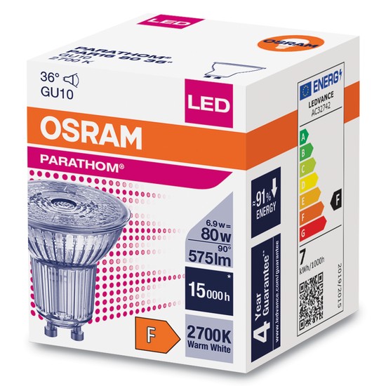 OSRAM LED Spot Strahler Parathom Glas GU10 6,9W 575lm warmweiss 2700K 36° wie 80W