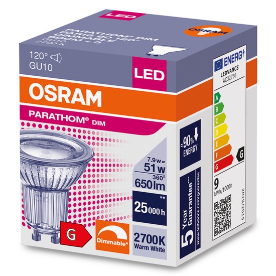 OSRAM LED Spot Strahler Parathom GU10 7,9W 650lm warmweiss 2700K 120° dimmbar 90Ra wie 51W