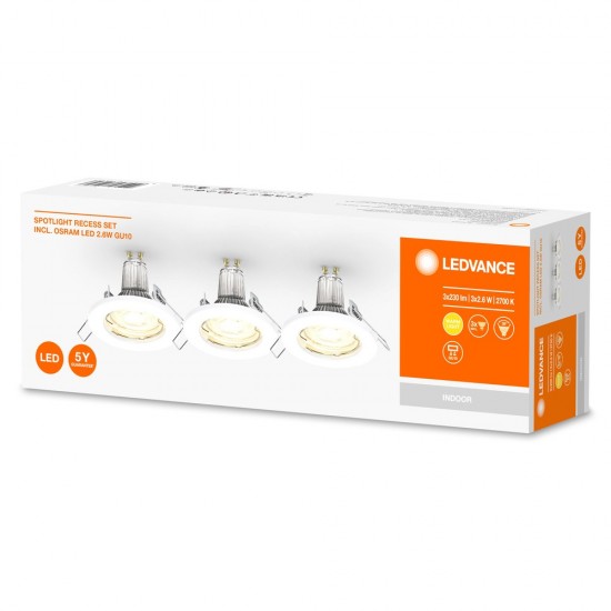 LEDVANCE GU10 Spot 3er-Pack LED Einbauleuchte, Einbaustrahler weiss 9,5cm 2,60W warmweiss 4058075611313