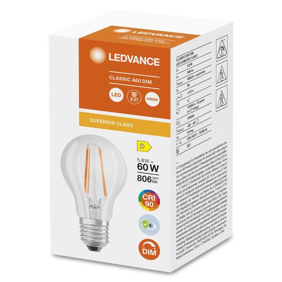 LEDVANCE LED CLASSIC A CRI90 5.8W E27 Lampe 806lm 4000K neutralweiss wie 60W dimmbar 4058075758964