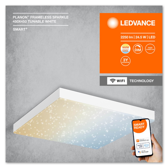 LEDVANCE LED Panel SMART+ Planon Frameless Sparkle 45x45cm TW Dimmbar Tunable White, Kalt-zu-Warm-Farbwechsel 4058075759541