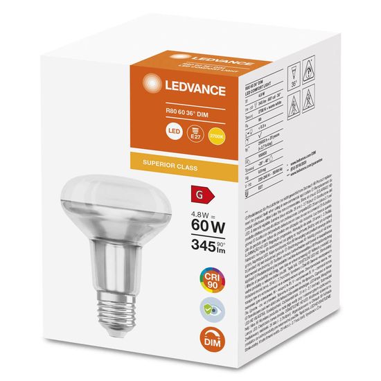 LEDVANCE LED R80 60 36 ° 4.8W/2700 K E27 Lampe 345lm 2700K warmweiss wie 60W dimmbar 4058075759725