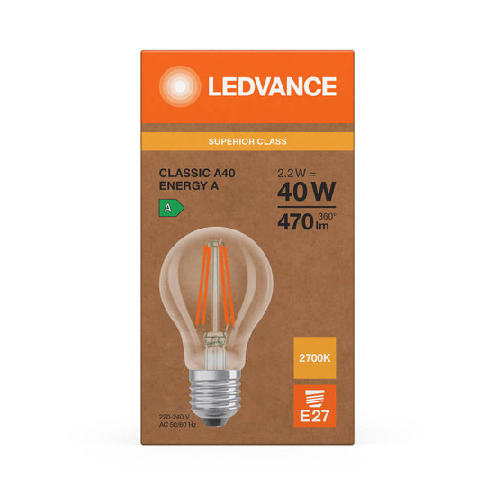 LEDVANCE LED Lampe E27 Classic Filament S A40 2.2W 470lm Warmweiss 2700K wie 40W höchste Effizienzklasse A 4099854236532