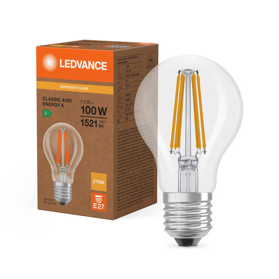LEDVANCE LED Lampe E27 Classic Filament S A100 7.2W 1521lm Warmweiss 2700K wie 100W höchste Effizienzklasse A 4099854236655